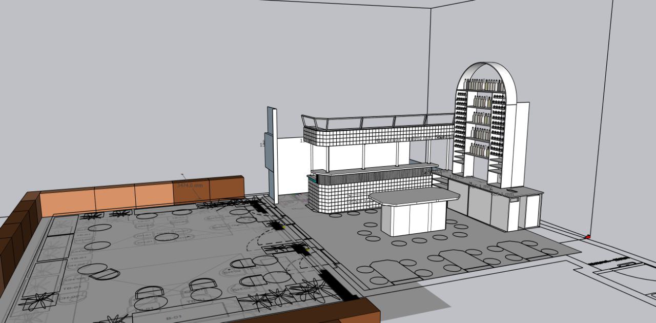 SketchUp 3D model showing bar layout with floor plan