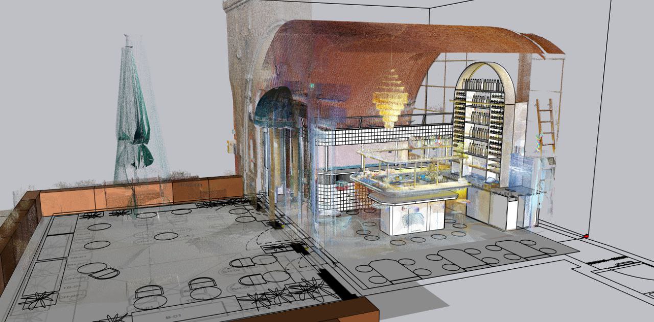 SketchUp model overlaid with LiDAR point cloud data