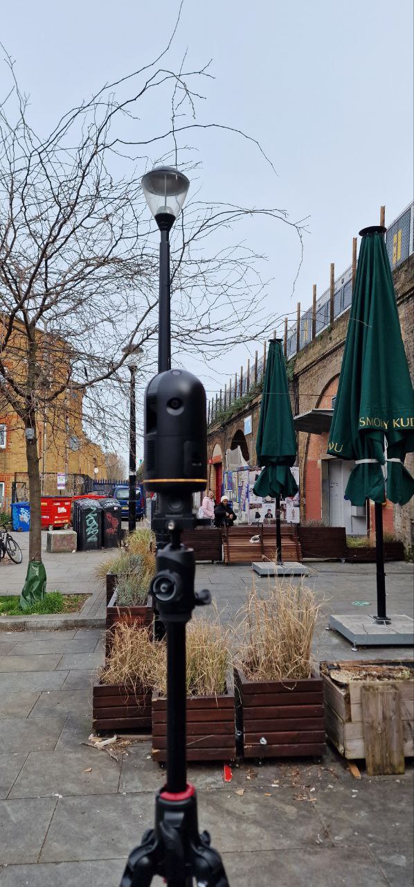 LiDAR scanner on tripod outside Smokey Kudu restaurant