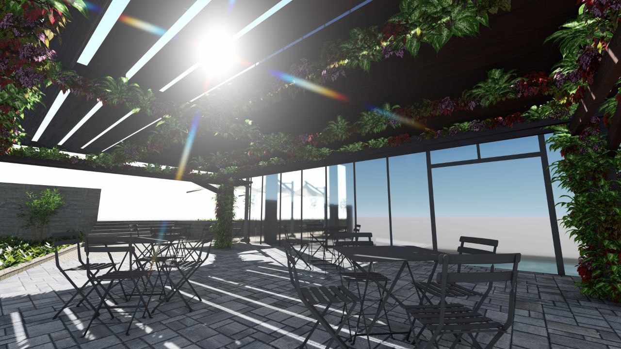 The Merchant 3D render — under pergola seating