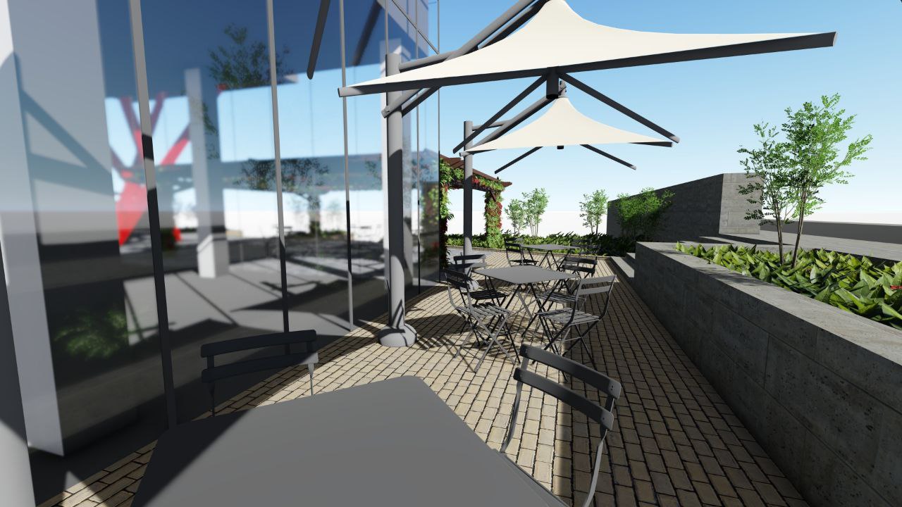 The Merchant 3D render — sail shade seating area