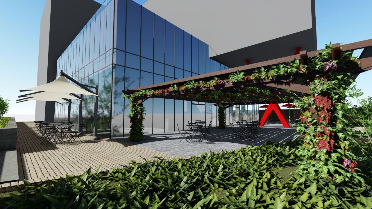 The Merchant 3D render — full terrace with landscaping