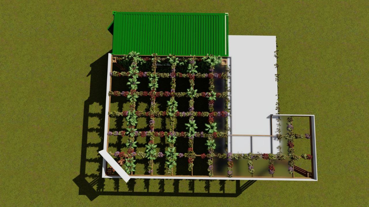 Tanqueray Terrace 3D render — aerial view of pergola