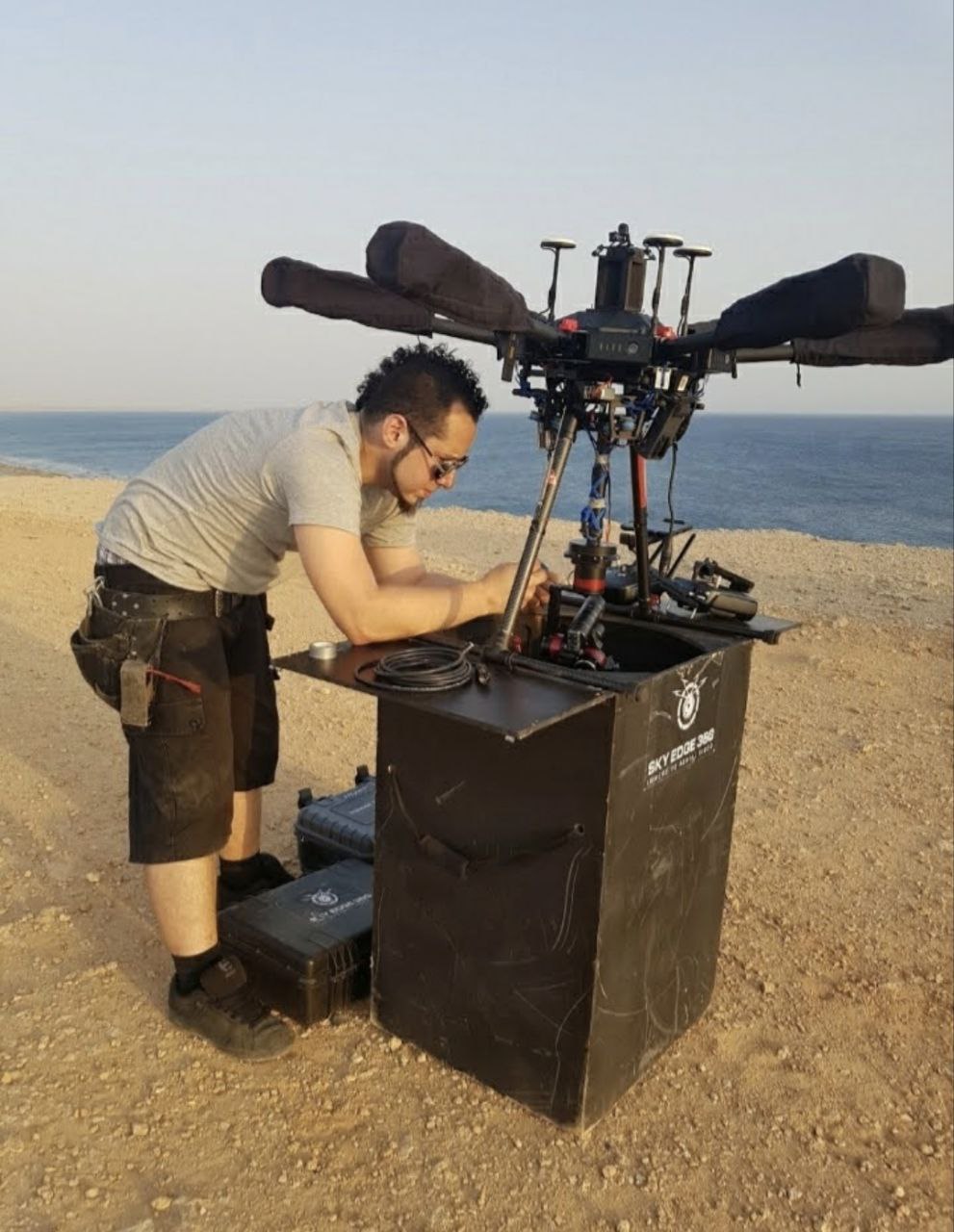 Drone pilot preparing Sky Edge 360 heavy-lift drone