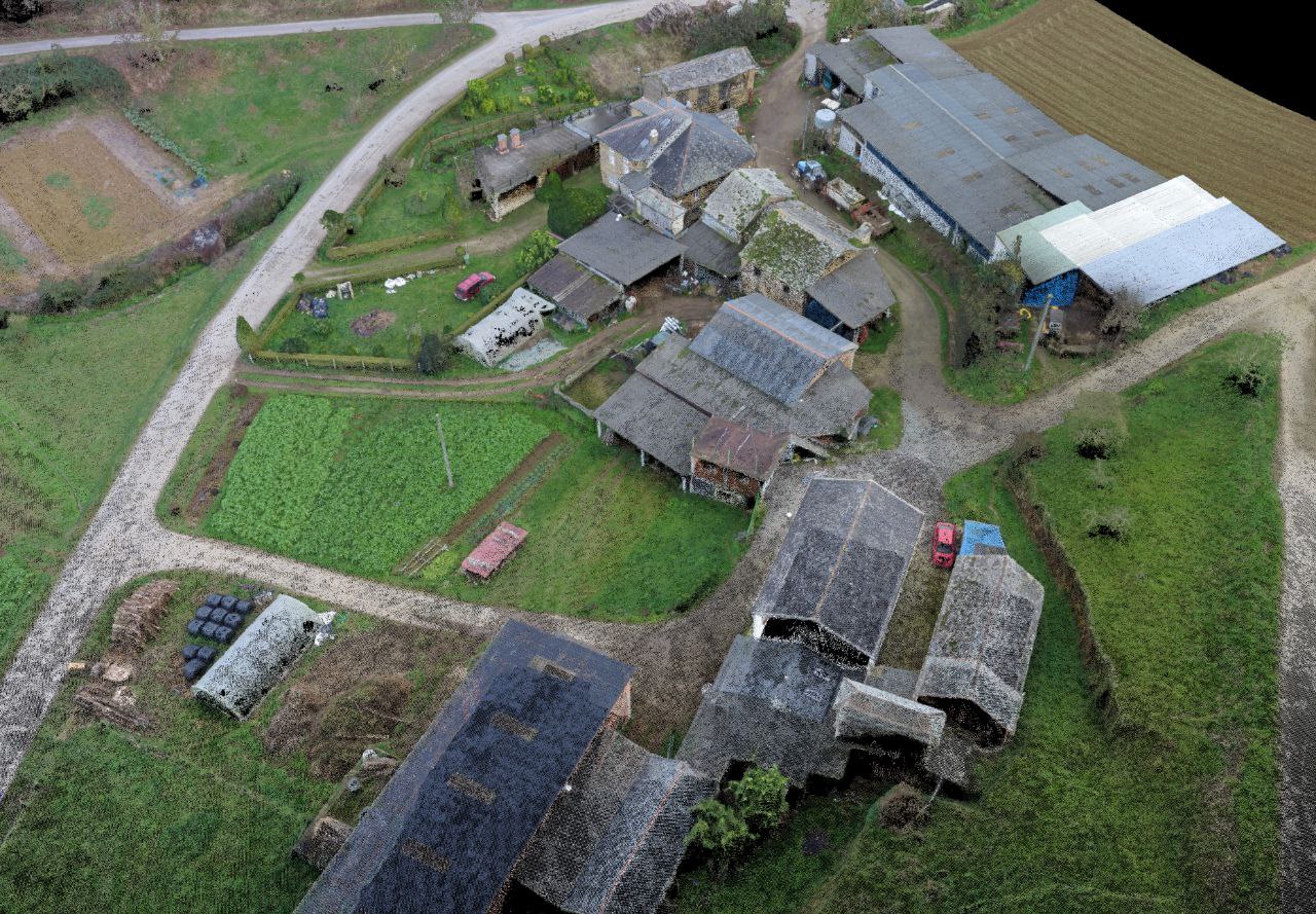 Drone photogrammetry 3D model — farmstead aerial survey