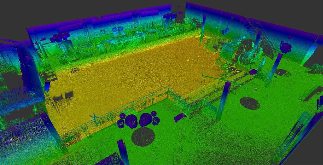 LiDAR point cloud of bar area, tables and kitchen from above
