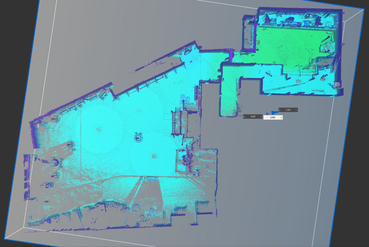LiDAR point cloud — full floor plan aerial view with measurements
