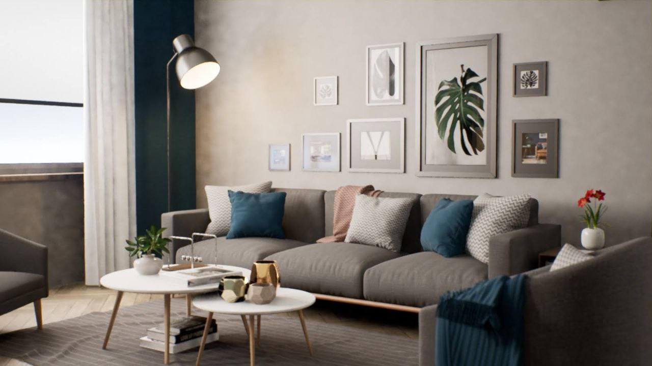 Photorealistic render — finished living room visualisation